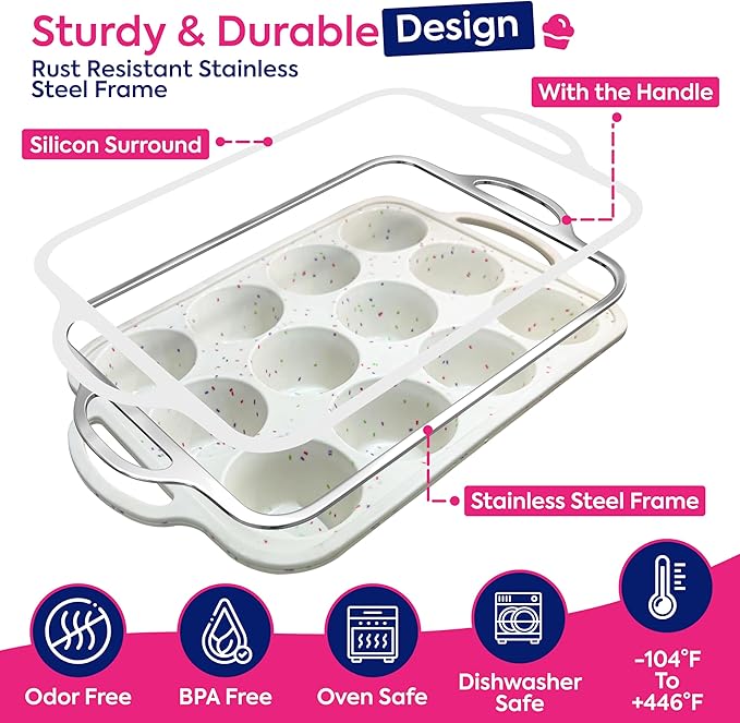 RICCLE 2 Pack Silicone Muffin Pans for Baking with Metal Reinforced Frame - Regular 12 Cup Silicone Muffin Pan & 24 Cup Mini Cupcake Pans - Silicone Cupcake Pan Set - Oven & Dishwasher Safe, BPA-Free