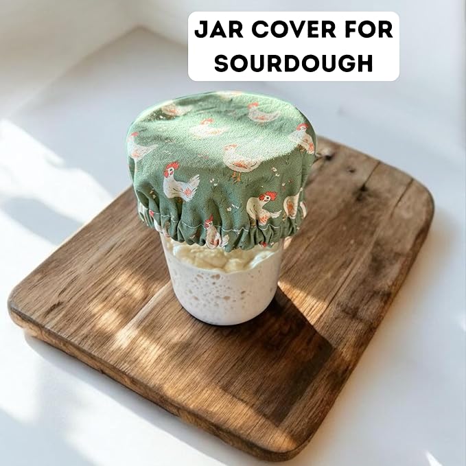 (4-Pack) Sourdough Reuseable Jar & Bowl Covers | Cute Baking Gift | 100% Cotton | Washable | Bread Proofing | Kitchen Food Storage Gifting | Starter Cover Lid Kit (Chickens)