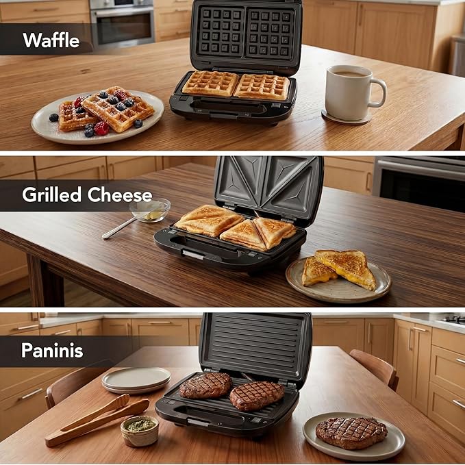KEINVE 3 in 1 Sandwich Maker & Waffle Maker, Removable Non-Stick Plates, Panini Press, Grilled Cheese Maker, Cool-Touch Handle, LED Light, Easy Clean, 750W, for Home Kitchen Breakfast