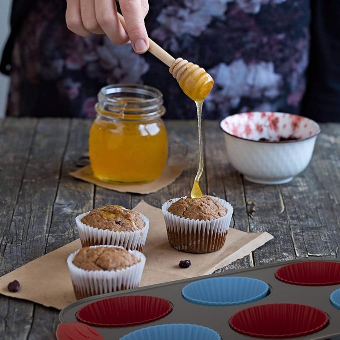 Baking Duo: Non-Stick Steel Jumbo 6 Cup Muffin Pan with Silicone Handles & Reusable Liners and 8x8 Inch Silicone Square Cake & Brownie Pan with Steel Frame Handles.