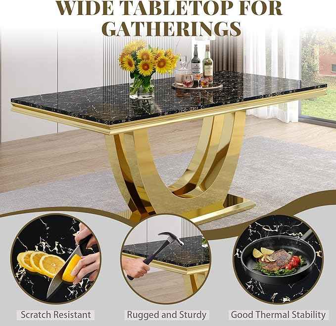 Marble Dining Table Set for 6,70" Black Faux Marble Kitchen Tables and Velvet Chairs for 6,7 Piece Luxury Dining Room Table Set and 6 Upholstered Chairs with Gold Stainless Steel Bases