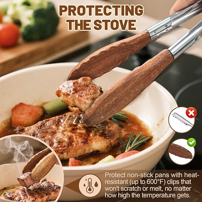 Wooden Tongs for Cooking, Multi-Purpose for Tossing Salads, Grilling, Flipping Food & Serving Bread - Strong Grip Walnut Wood Tips, Heat Resistant & Non-Deforming (12inch)