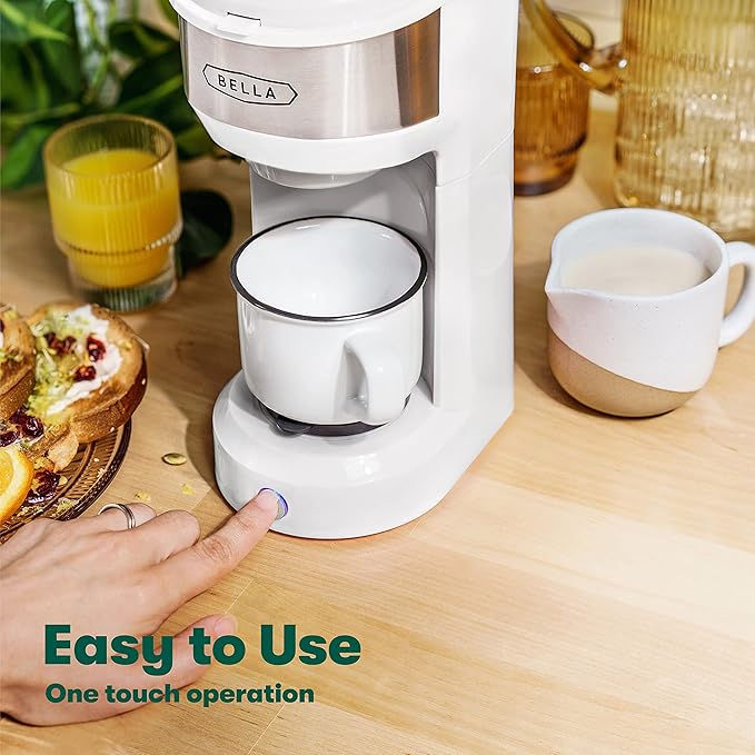 BELLA Dual Brew Single Serve Coffee Maker, Brews both Kcup and Ground Coffee, Large 14oz Capacity, Easy One Touch, Auto Shutoff, White