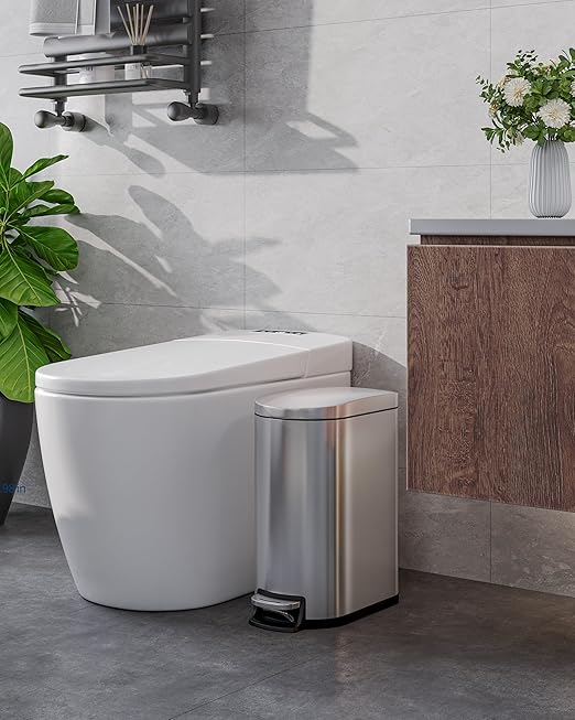 GarveeHome 2.6 Gallon Bathroom Trash Can, Space-Saving Slim Stainless Steel Step-On Garbage Bin with Soft Close Lid, Removable Inner Bucket for Bathroom & Bedroom, Silver