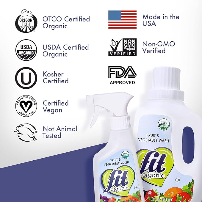 FIT Organic Fruit and Vegetable Wash Spray – USDA Certified Organic & Kosher – Tasteless, Odorless, Removes Surface Contaminants – Family & Pet Safe, Chemical-Free, 12 Fl Oz (4-Pack)