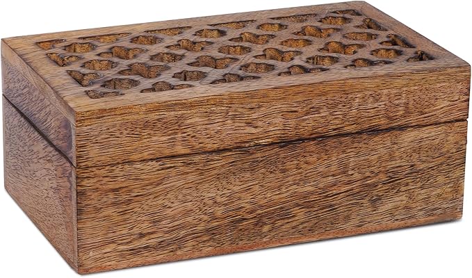 Mela Artisans Medium Burnt Wooden Keepsake Box | Handmade Decorative storage box for Jewelry, Photos & Letters | Trinket Storage Box with Hinged Lid |Medium | Trellis Design | 7.5 x 4.5 x 3