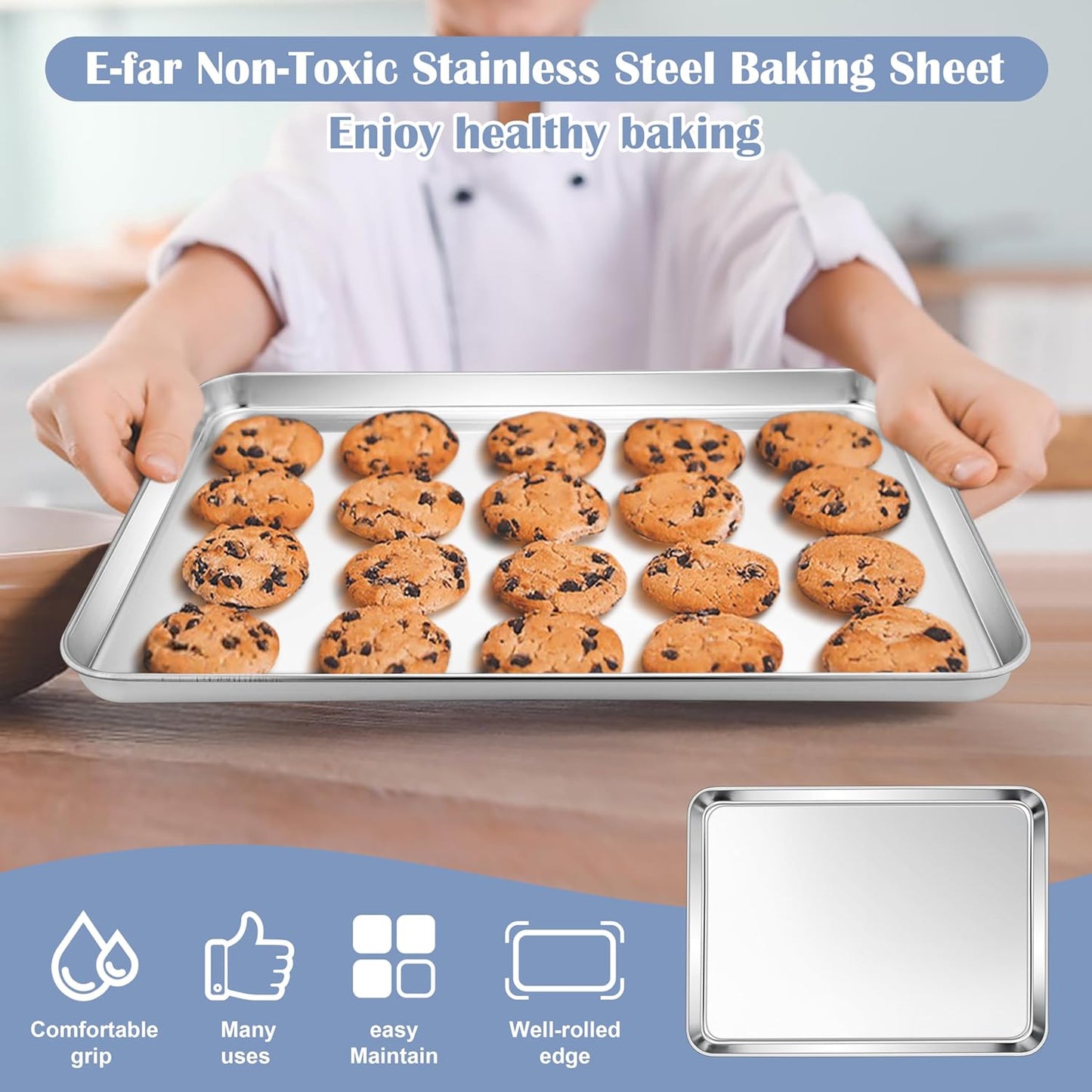 E-far Stainless Steel Baking Sheets, 12.4” x9.7” x 1” Baking Cookie Sheets Pans for Oven, Non-toxic Metal Trays for Cake Cookies, Healthy & Rust Free, Mirror Finish & Dishwasher Safe, 2 Pack