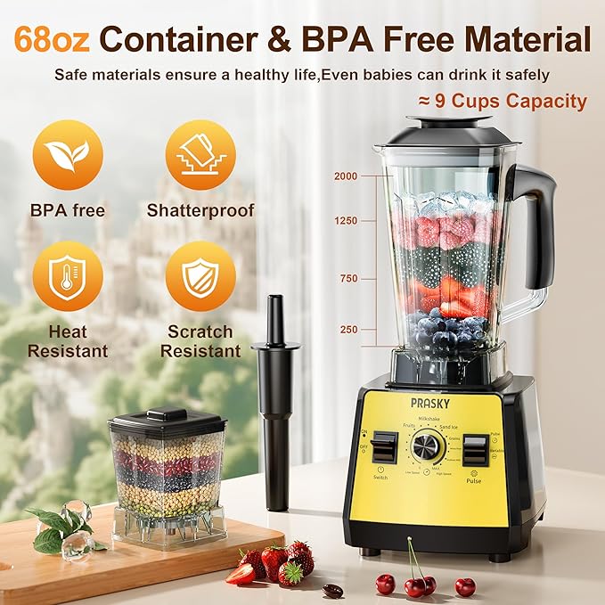 Blenders for Kitchen, Smoothie Blender, 2400W/1000W Prasky Blender & Grinder Combo, 25,000 RPM High Speed, 68oz BPA-Free Food Processor, Countertop Blender for Smoothies, Shakes & Food (Yellow, 2L)