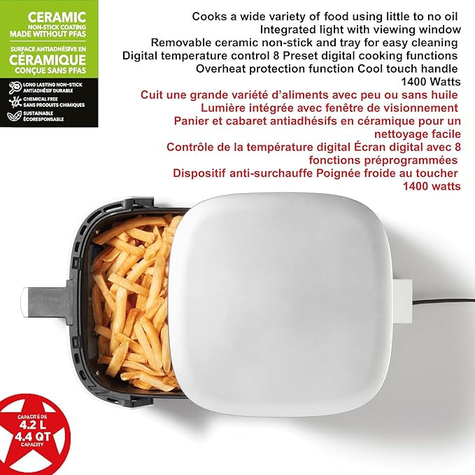 Starfrit Electric Digital Air Fryer - 4.2L Capacity - Ceramic Non-Stick Surface - 8 Preset Functions - Viewing Window -1400W