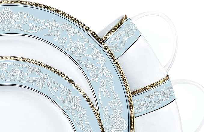 Fine Bone China Dinnerware Set,16 Pcs Classic Relief Pattern Gilt Edged High Grade Porcelain Tableware Sets For 4 People