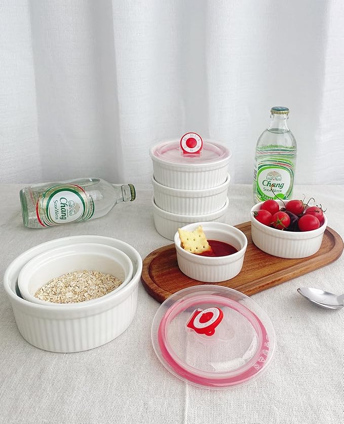 Ramekins 16 oz Oven Safe, Creme Brulee Ramekins with Lids, White Ceramic Souffle Dishes Ramekin, Mini Baking Bowls with Cover Set of 4, Ramekin Assorted Sizes - Dishwasher and Oven Safe