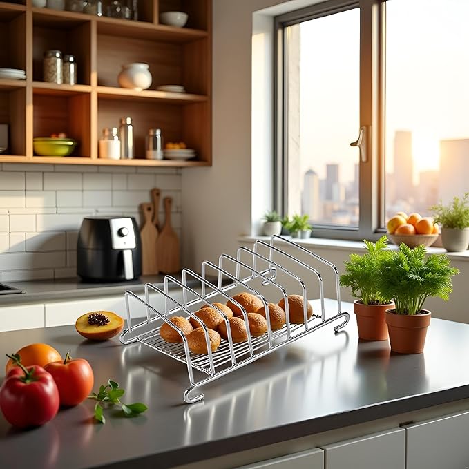 Silver 8 Holes Stainless Steel Tool Toast Cooling Grid Bread Rack Rectangle Air Fryer Accessories Organizer Safe Healthy Stainless Steel Toast Rack Baking Tools and Accessories, Cooling Racks