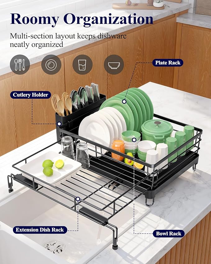 Kitsure Extendable Dish Drying Rack - Rust-Resistant Dish Racks for Kitchen Counter with Adjustable Support Legs, Cutlery Holder & Removable Draining Tray (Black, 15.6''-25.2''L × 16.9''W × 8.1''H)
