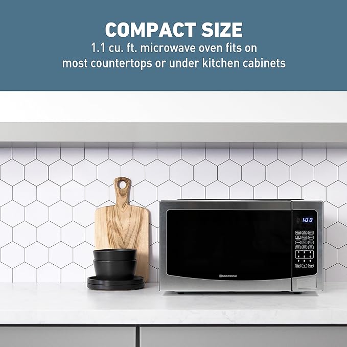 West Bend Microwave Oven 1000-Watts Compact with 6 Pre-Set Cooking Settings, Time and Weight Defrost, Electronic Control Panel and Glass Turntable, 1.1 Cu.Ft., Stainless Steel