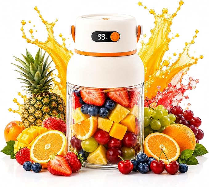 Portable Electric Juicer Cup with Zero Cord Hassle, 1200ml Multifunctional Wireless 2-In-1 Dual Lid Personal Blender Bottle with Straw 38-Blades USB Rechargeable for Gym Office Outdoor (800ml)
