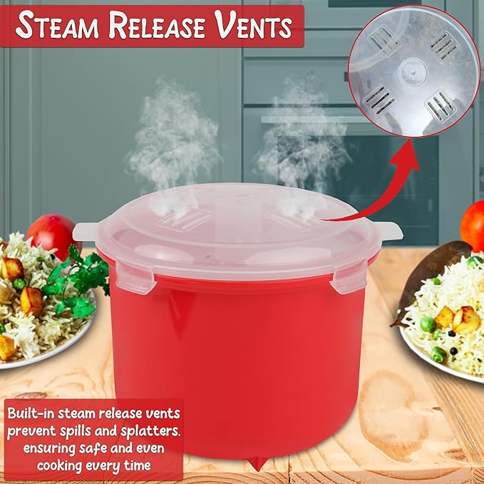 Home-X Microwave Rice Cooker - Rice Steamer Cooker with Steam Release Vents and Easy Locking Clips - 10 Cups BPA-Free, Dishwasher Safe, Easy-To-Use, Low Mess Microwave Rice Cooker Vegetable Steamer