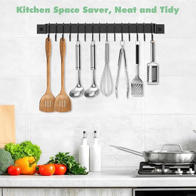 Housolution 2 Pack Kitchen Rail with 15 Hooks, 16 Inch Wall Mounted Hanging Utensil Rack Hanger for Kitchen
