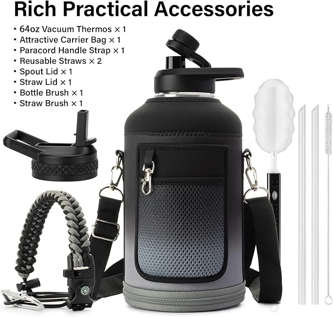 DYSANKY Insulated Water Bottle | Thickened Stainless Steel Vacuum Metal | Portable Sports Half Gallon Large Water Jug for Gym and Hiking with Straw, Carrier Bag, Handle Strap | BPA-Free 64 oz