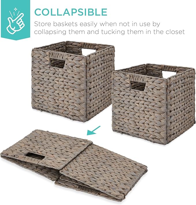 Best Choice Products 13x13in Pack of 5 Cube Storage Baskets, Water Hyacinth Multipurpose Collapsible Organizers, Handwoven Laundry Totes for Laundry, Living Room, Kids Room & Nursery - Gray