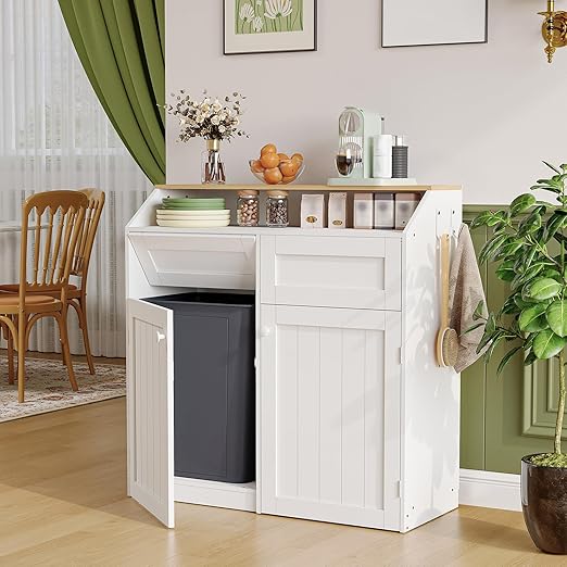 YATINEY Double Trash Cabinet, 20 Gallon Freestanding Trash Can Cabinet, Wooden Recycling with Flip Door, Hidden Kitchen Garbage Can, Laundry, for Kitchen, Living Room, White WB12WT