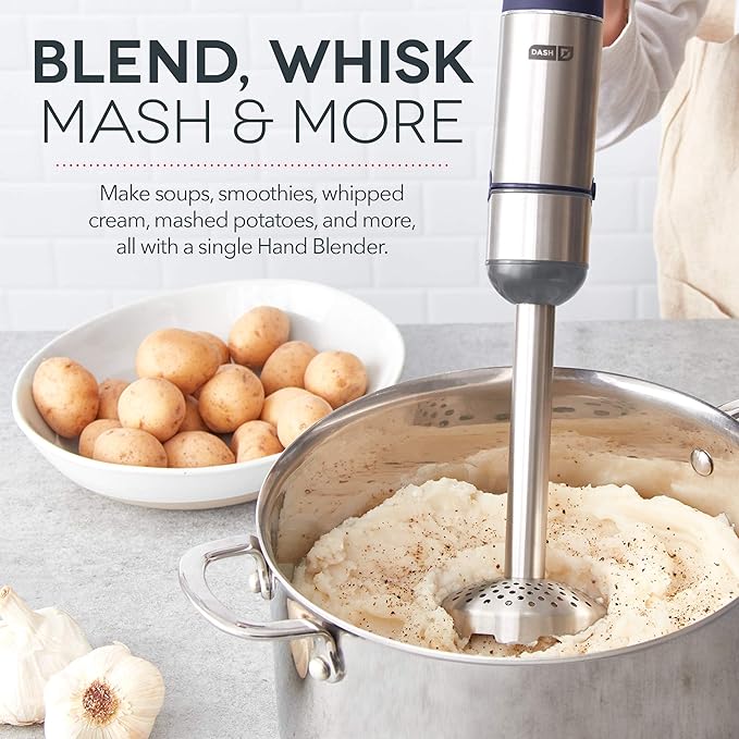 Dash Chef Series Deluxe Immersion Hand Blender, 5 Speed Stick Blender with Stainless Steel Blades, Dough Hooks, Food Processor, Grate, Mash, Slice, Whisk Attachments and Recipe Guide – Midnight