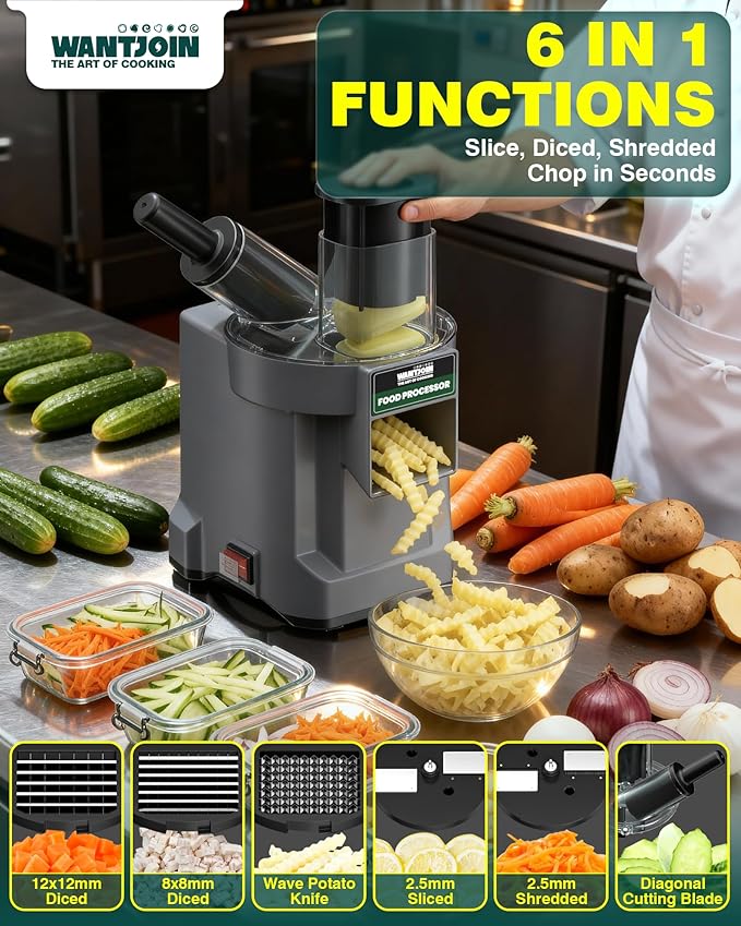 WantJoin 6-In-1 Electric Vegetable Chopper - Multifunctional Commercial Electric Food Dicer Processor For Slicing(2.5mm), Dicing(8/12mm), Chopping(2.5mm), Shredding, Crinkle Cutting, Oblique Cutting