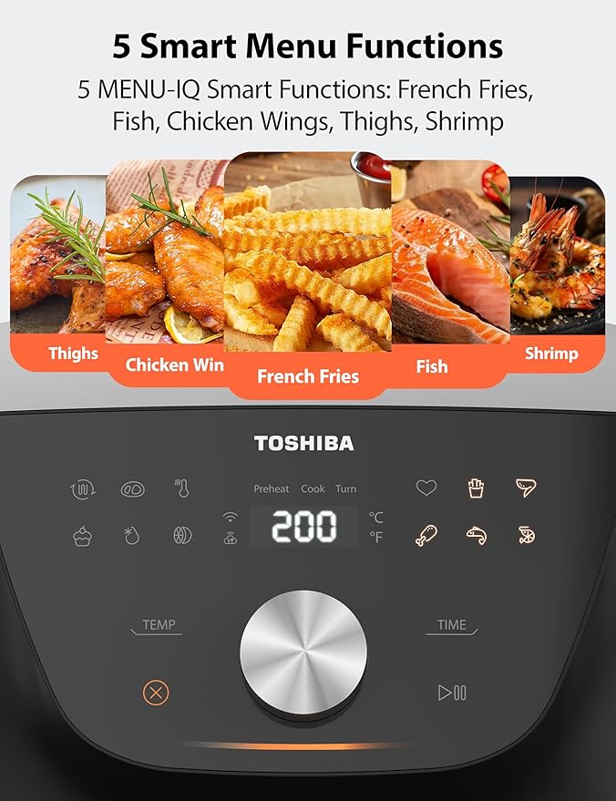 Toshiba 7.7QT Air Fryer, Family-Size for Quick and Easy Meals, 12 Preset Menus and Menu-IQ Function, 1°F Precision, 90% less fat, Double-sided Handles Easy Carrying