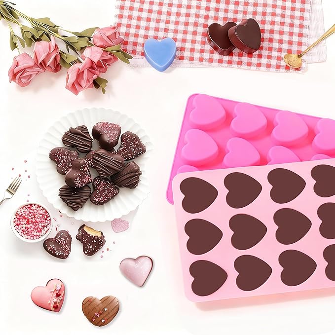 Heart-Shaped Silicone Chocolate Molds - Set of 2 Non-Stick Candy Heart Molds for Baking, Candy, Gummy, Cake, Jelly, Pudding, Handmade Soap Mould, Food Grade - Pink&Rose
