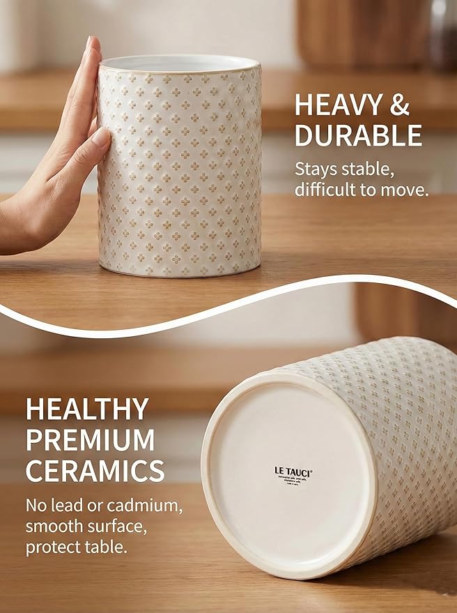 LE TAUCI Utensil Holder for Kitchen Counter - 7.1"+5.4" Ceramic Kitchen Utensil Holder Set of 2, Large Cooking Utensil Crock & Organizer for Spatula, Spoon - Embossed Kitchen Decor, White,Fireworks