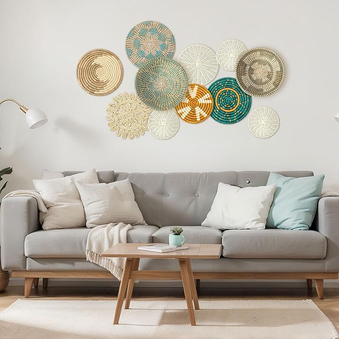Tatuo 11 Pcs Boho Wall Basket Decor Bulrush Woven Wall Hanging Art Round Farmhouse Rustic Handmade Wicker for Summer Home, Bedroom, Living Room, Kitchen Decorations, Multi Sizes(Bright)