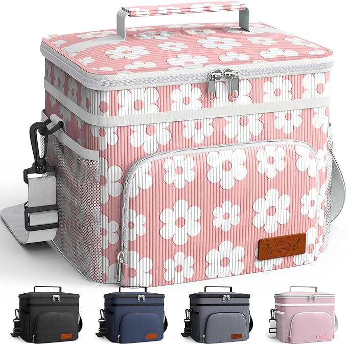 HOTOR Insulated Lunch Box for Men & Women - Leak-Proof Cooler Lunch Bag with 4 Pockets, Adjustable Strap, Ideal for Work, Picnic, Travel - Medium, Pink Flower, 10.2"×6.9"×8.5"