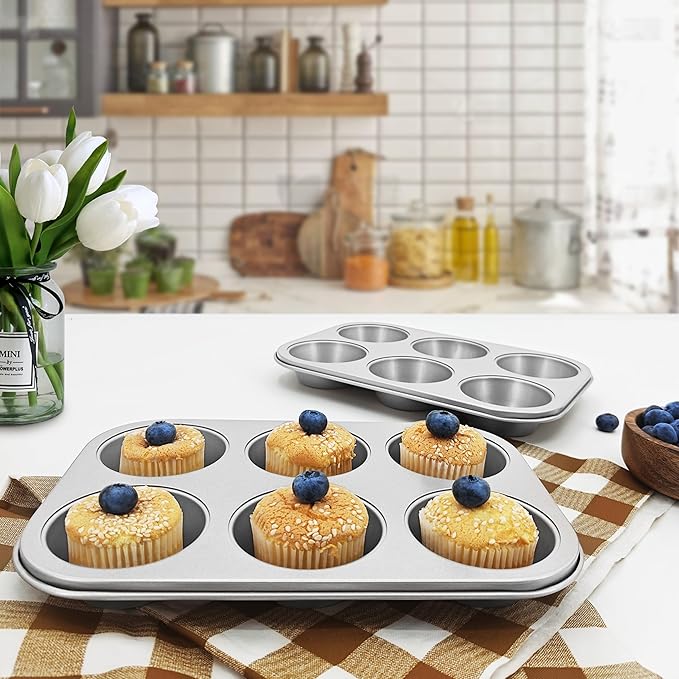 Satax Muffin Pan for Baking, Nonstick Cupcake Tin 6 Cup,sets of 2,Heavy Duty Steel Muffin Pan (Silver, 6-cup)