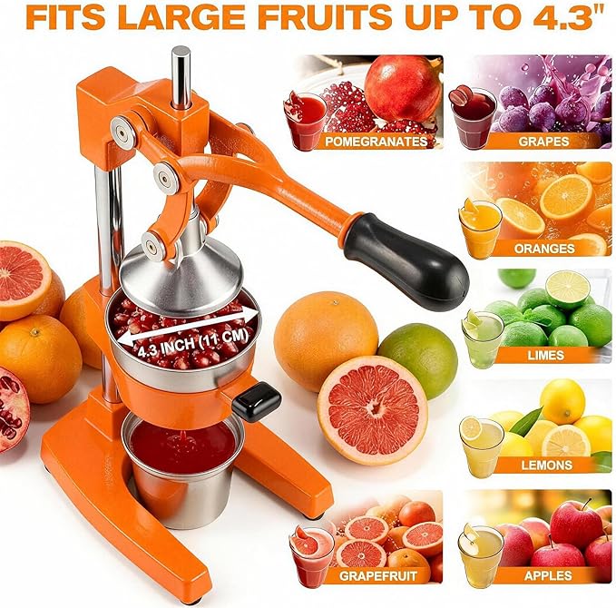 Cast Iron Citrus Juicer - 13.8LB Heavy Duty Manual Orange Press, 304 Stainless Steel Cup & Strainer, Professional Lemon Grapefruit Pomegranate Squeezer for Home Bar Kitchen, Orange