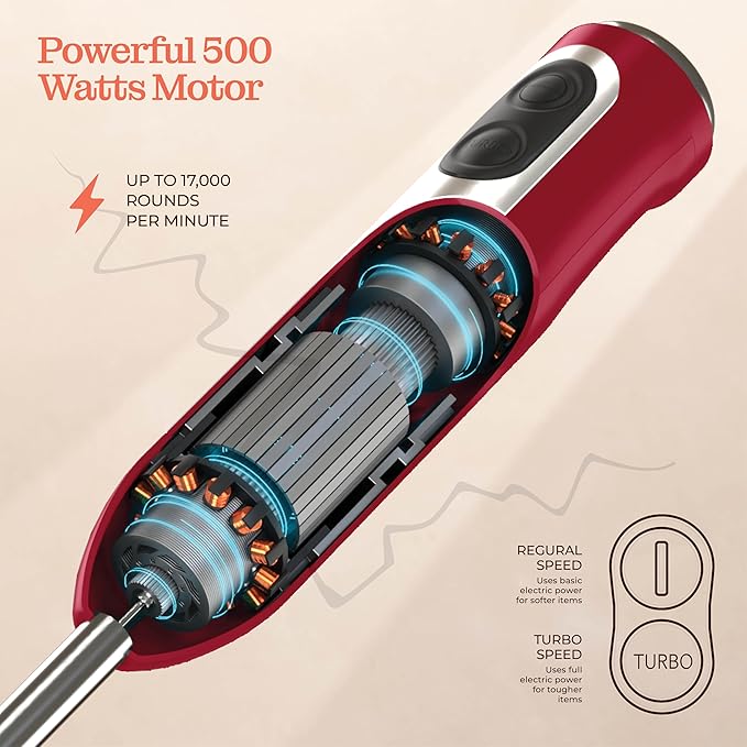 Powerful Immersion Blender, Electric Hand Blender 500 Watt with Turbo Mode, Detachable Base. Handheld Kitchen Blender Stick for Soup, Smoothie, Puree, Baby Food, 304 Stainless Steel Blades (Red)