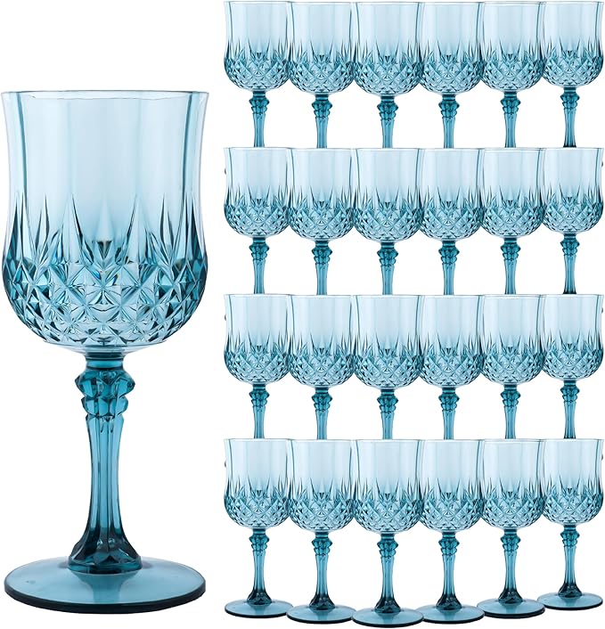 Plastic Wine Glasses, Plastic Goblets Vintage Style Cordial Unbreakable Drinking Glasses, Reusable Drinkware for Wedding Reception, Grand Event Party Supplies (24, Dusty Blue)