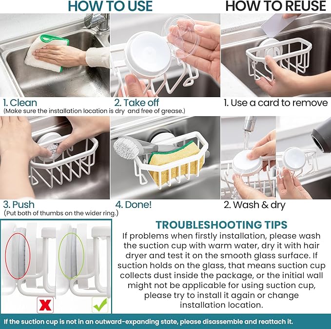 TAILI Sponge Holder for Kitchen Sink with Strong Suction Cup Removable, Rustproof Aluminum Sink Caddy for Sponge, Brush, Scrubber, Scraper White