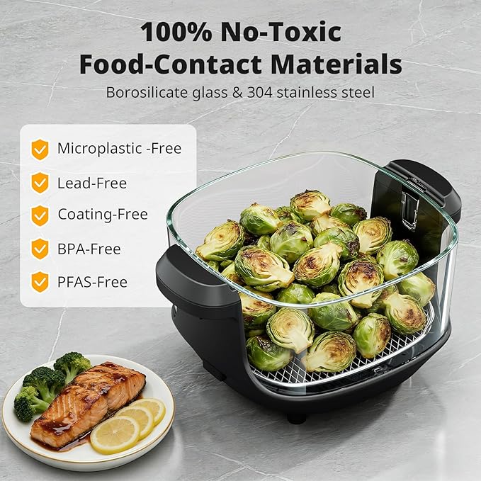 AIRMSEN Potable Glass Air Fryer Non-Toxic, 4.8QT & 1.3QT, 4 Presets & Manual Control, 140–450℉ Precise Heat, 95% Less Oil, Auto-Pause & Resume, Microwave & Dishwasher Safe