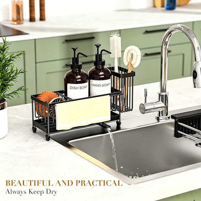 Kitchen Soap Dispenser Set with Sponge Holder and Towel Rack, 17OZ Glass Bottle, Hand and Dish Soap Dispenser Set, Non-Slip Silicone Pad, Brush Holder, Kitchen Sink Caddy Organizer Countertop (Amber)