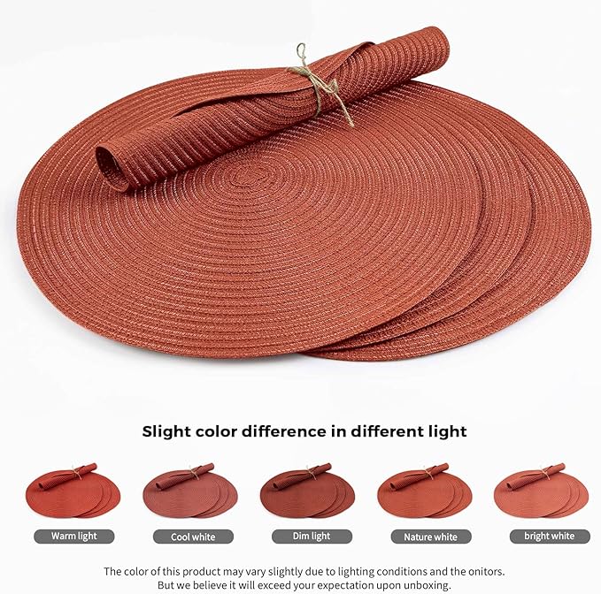 FunWheat Round Braided Placemats Set of 6 Place mats for Dining Tables Woven Heat Resistant Table Mats 15 inch (Dark Orange)