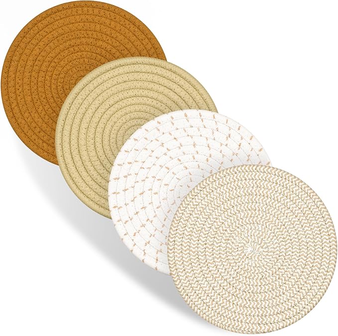 Trivets for Hot Dishes, 4 Pot Holders for Kitchen, Heat Resistant Mats for Countertop, 8 Inch Hot Pads for Hot Pots and Pans, Coaster, Home Essentials, Rustic Farmhouse Decor (Brown)