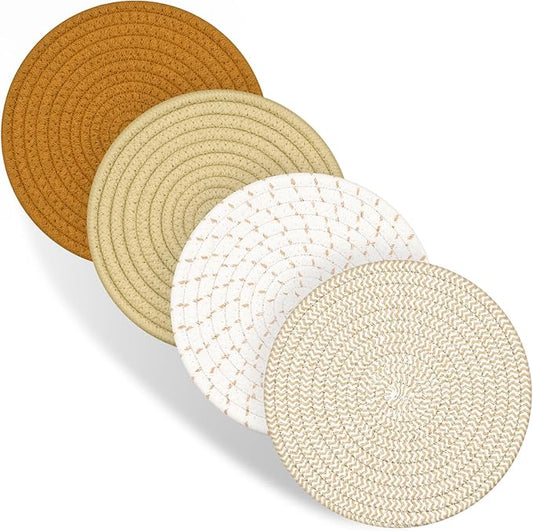 Trivets for Hot Dishes, 4 Pot Holders for Kitchen, Heat Resistant Mats for Countertop, 8 Inch Hot Pads for Hot Pots and Pans, Coaster, Home Essentials, Rustic Farmhouse Decor (Brown)