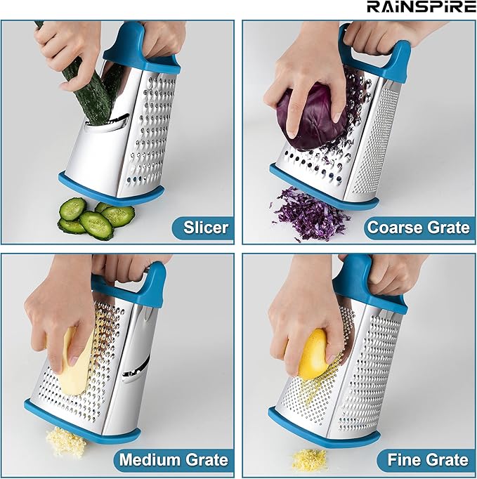 Rainspire Professional Box Grater, Cheese Grater Box for Kitchen Stainless Steel with 4 Sides, Cheese and Spice Graters with Handle for Vegetables, Ginger, Potatoes, Blue