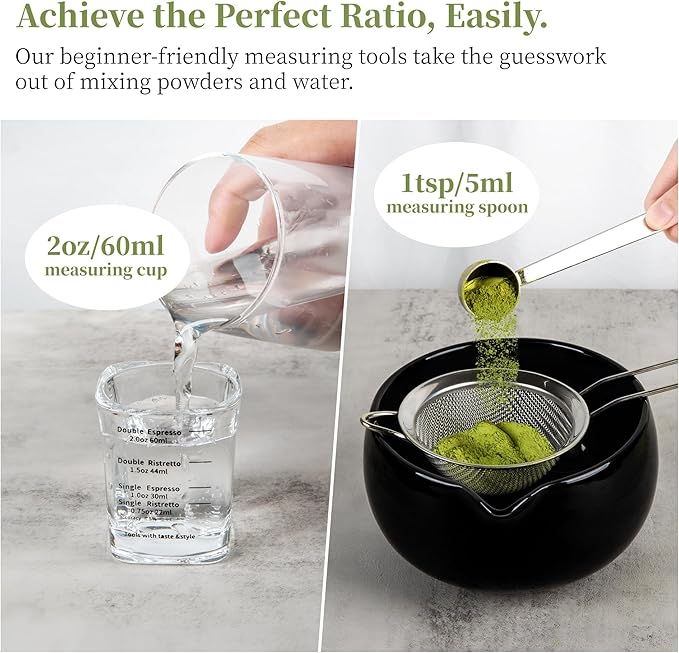 YIBO Matcha Whisk Set Black - Match Bowl with Spout and Whisk, Scoop, Sifter, Chasen Holder Measuring Spoon & Cup Kit for Matcha Tea Ceremony Tools