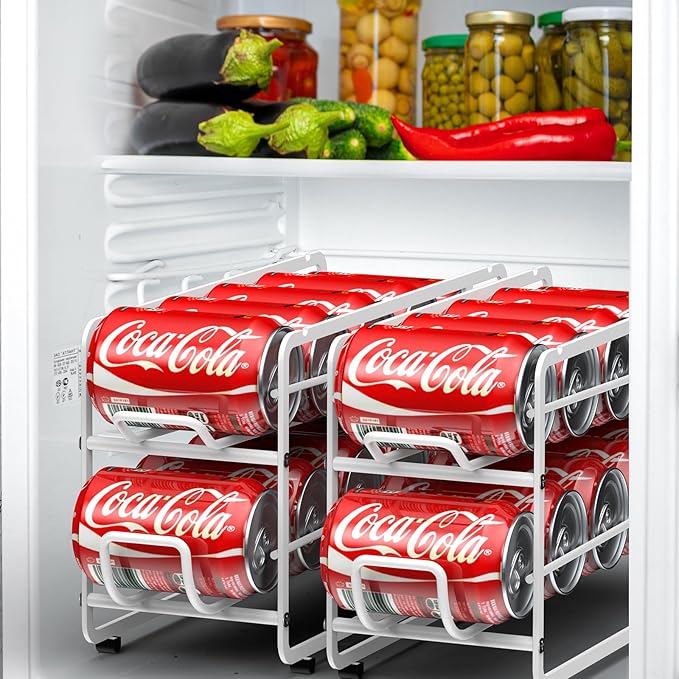 Canyave Soda Can Organizer Storage Rack, 2 Pack Stackable Beverage Soda Can Dispenser Organizer Holder for Refrigerator, Cabinet, Pantry (White)