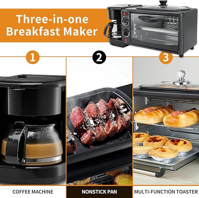 3-in-1 Breakfast Machine with Coffee Maker, Toaster, Non-Stick Griddle, Multi-Function Breakfast Machine with Timer, Kitchen Appliance Ideal for Apartments and Small Kitchens