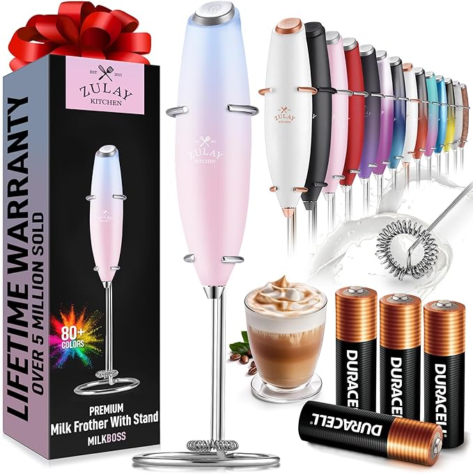 Zulay Kitchen Powerful Milk Frother Wand With 4 AA Duracell Batteries - Ultra Fast Handheld Drink Mixer - Electric Whisk Foam Maker for Coffee, Lattes, Cappuccino, Matcha & Creamer - Lavender Blush