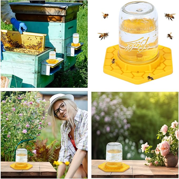 Leinuosen 4 Pcs Bee Feeder for Mason Jar Bee Watering Station for Garden, Sugar Water Feeder Yellow Silicone Hive Drinker for Beekeeping Outside