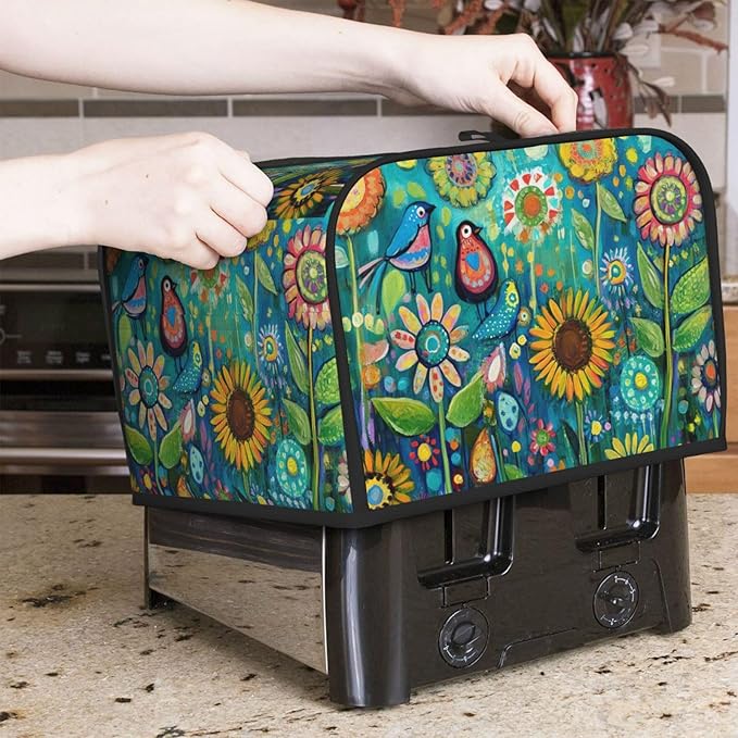 Folk Art Birds Flower Covers for Toasters 4 Slice,Cute Funny Bread Machine Cover with Handle,Washable Stain Resistant Kitchen Small Appliance Cover Dining Decor