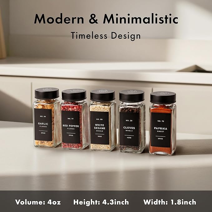 EDELHAUS Glass Spice Jars with Label and Black Lids (24 x 4oz) Spice Containers with 240 Labels, Shaker Inserts, Steel Funnel, Empty Square Empty Square Seasoning Organizer