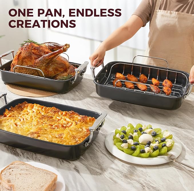 HONGBAKE Roasting Pan with Rack, 17.6×11 Inch Nonstick Roaster Pan for 17 lb Turkey, Chicken and Lasagna, Deep Turkey Pan for Oven, Heavy Duty Oven Roaster Tray, Wider Handles, Gray